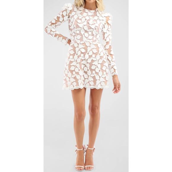 Helsi White & Tan Christy Scalloped Floral Applique Long Sleeve Mini Dress Small - Picture 1 of 12